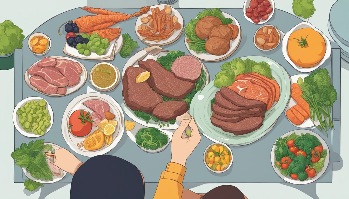 A person sitting at a table with a plate of food, surrounded by various types of meat, vegetables, and fruits. A nutritionist is pointing to a portion of beef on the plate while discussing portion sizes