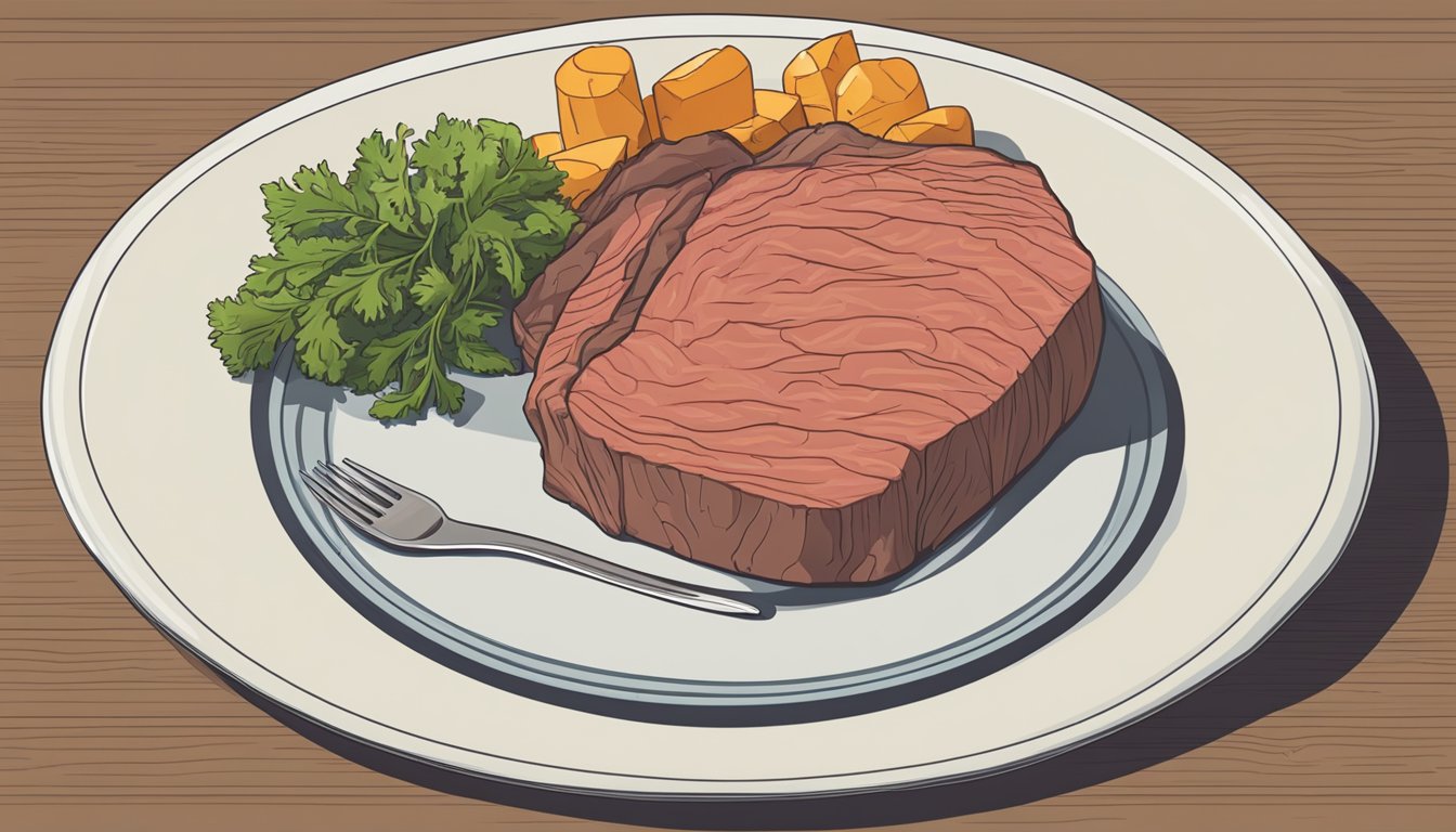 A plate with a portion of beef next to a measuring cup. A nutrition label and a question mark hover above the plate