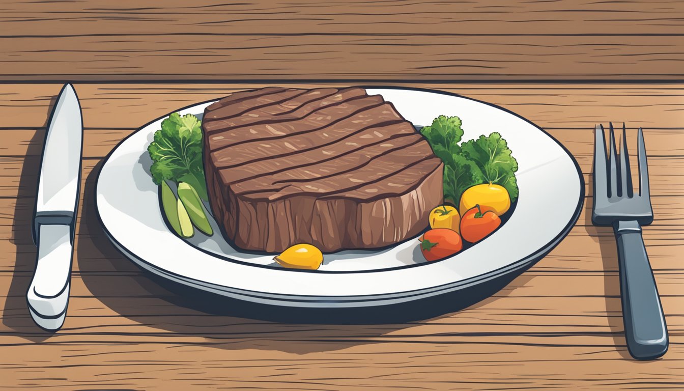 A table with a plate of beef, a measuring tape, and a chart showing daily beef intake levels