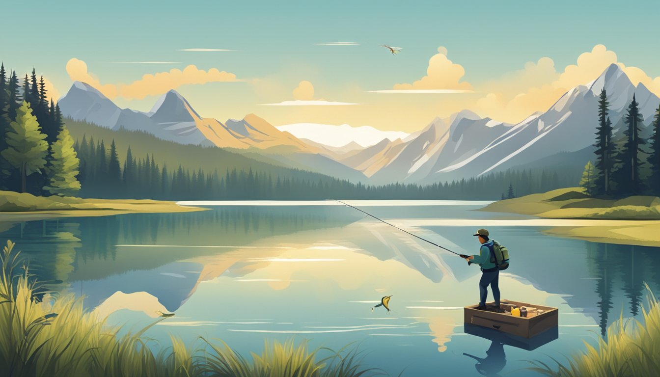 A serene lake surrounded by mountains, with a fishing rod, bait, and tackle box laid out on the shore. A fish jumping out of the water