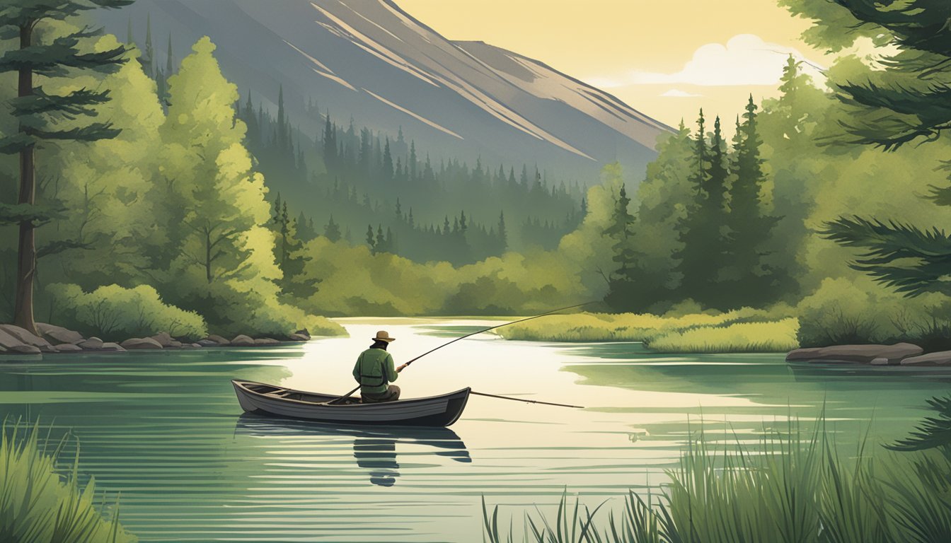 A serene lake surrounded by lush greenery, with a fisherman casting a line into the water. The Utah Division of Wildlife logo is visible on a nearby sign