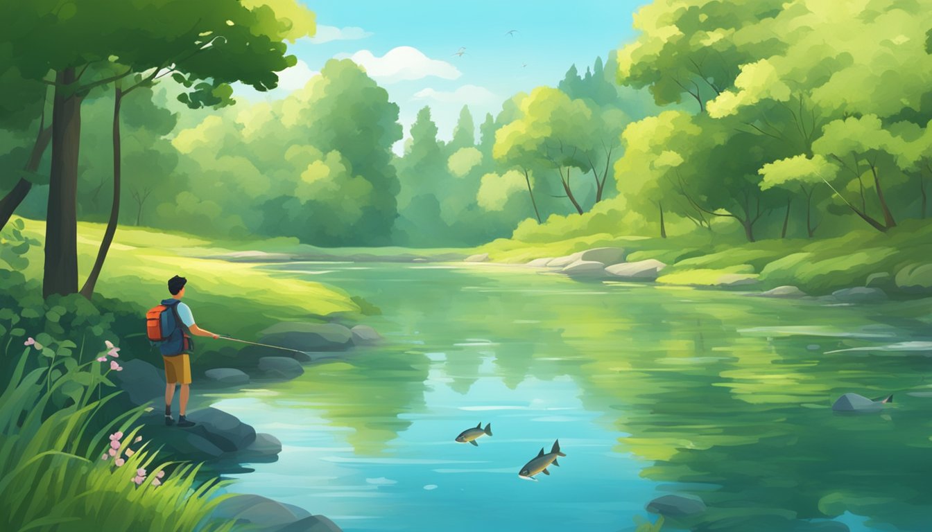 A serene river with clear water, surrounded by lush greenery and wildlife. A person fishing from the shore, with a variety of fish swimming in the water