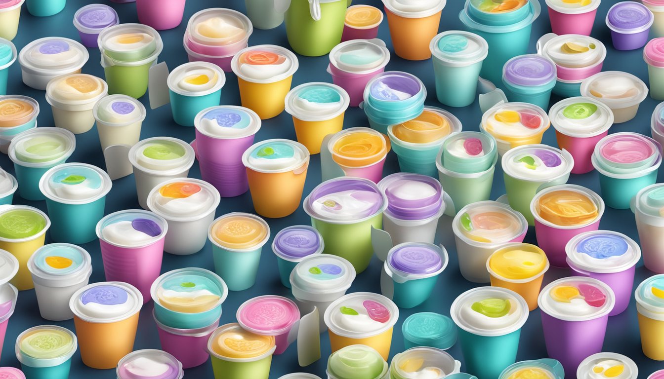 A variety of yogurt cups arranged in a circular pattern, some open with spoons inside, others sealed with colorful labels