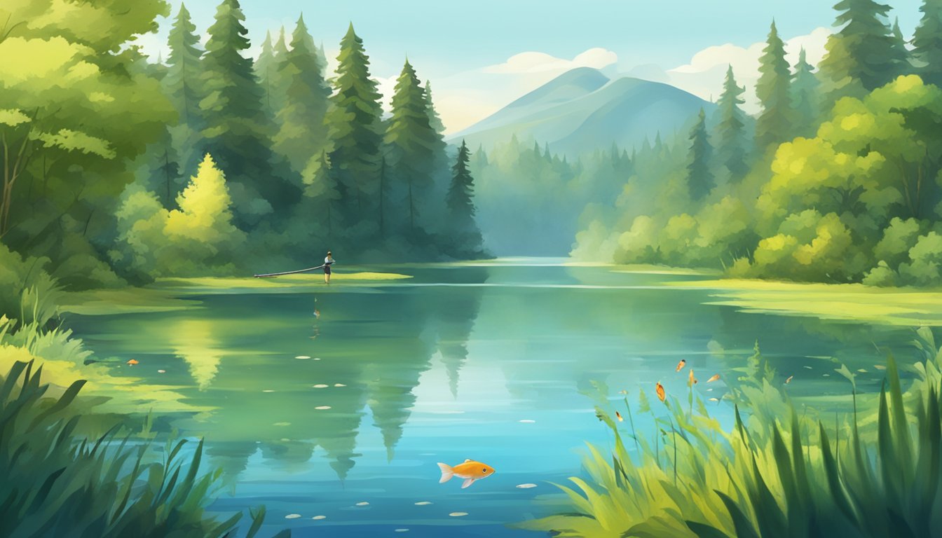 A serene lake surrounded by lush forests, with a fishing rod casting into the water and a variety of fish swimming beneath the surface