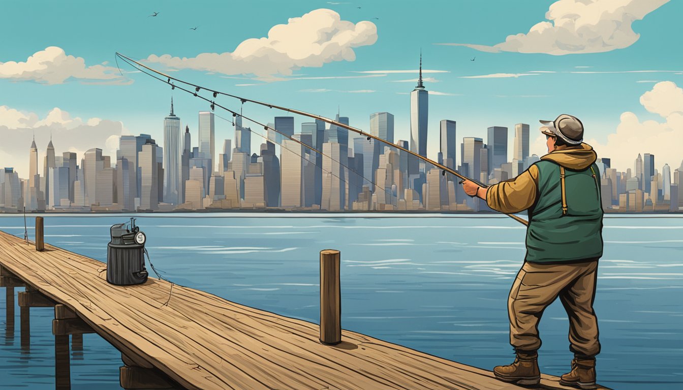 A fisherman casting a line off a pier, with the New York skyline in the background