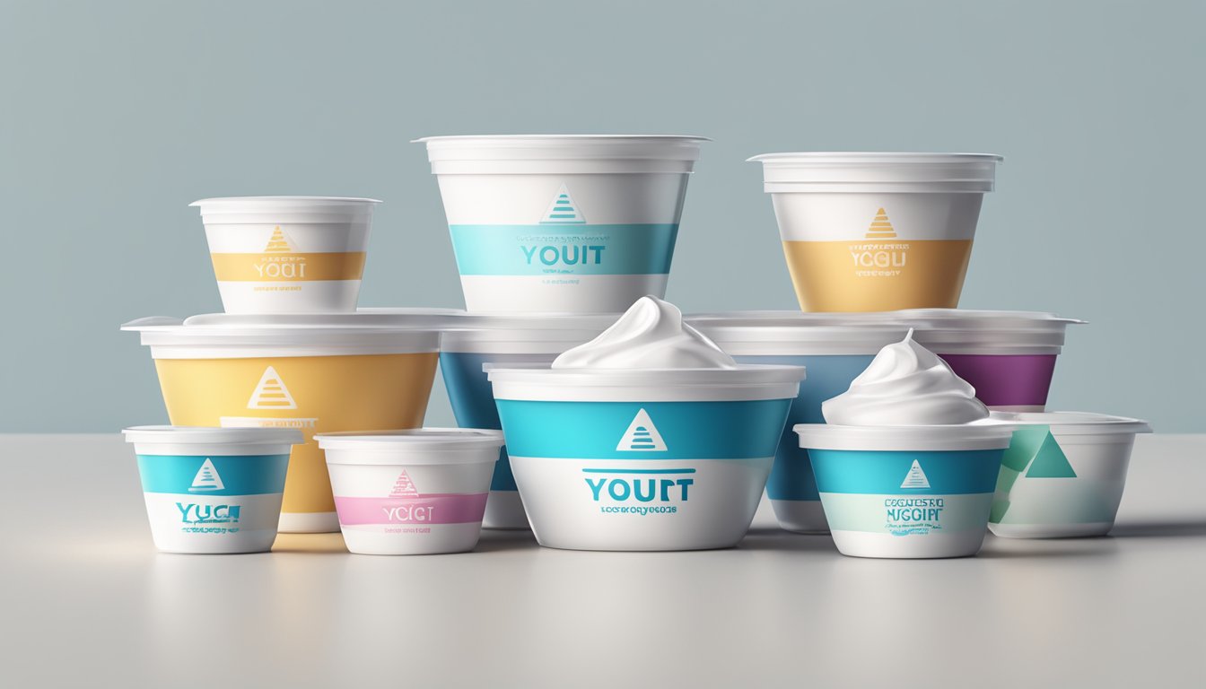 A table with various sizes of yogurt cups stacked in a pyramid, surrounded by measuring cups and a nutrition label