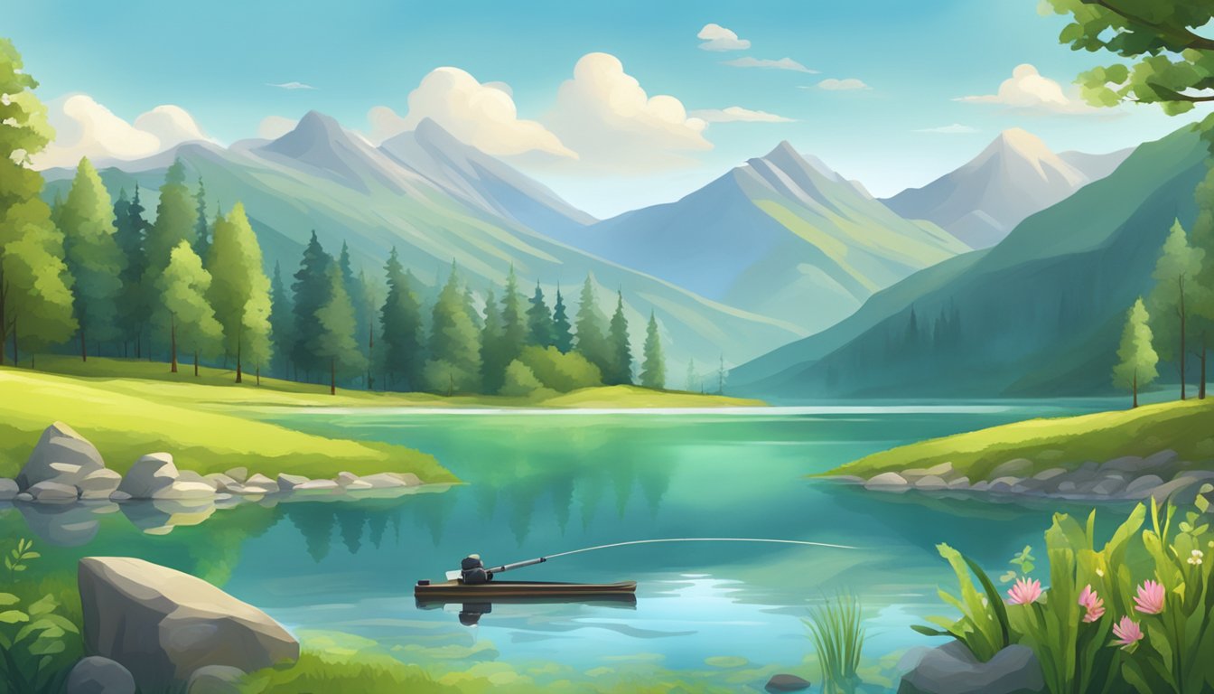 A serene lake surrounded by lush green mountains, with a fishing rod and a variety of freshwater fish swimming in the clear water