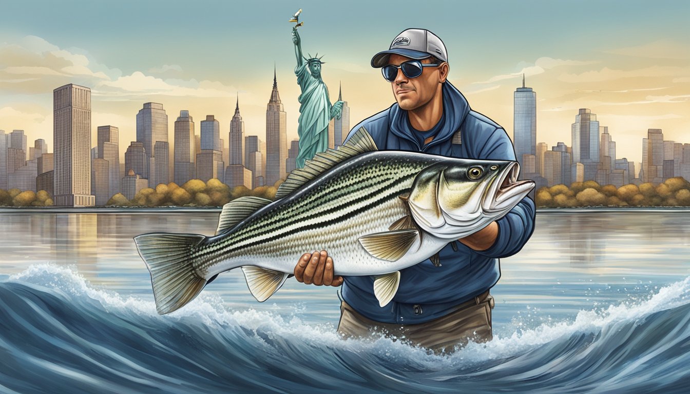 A fisherman reels in a large striped bass from the sparkling waters of New York, with the city skyline in the background