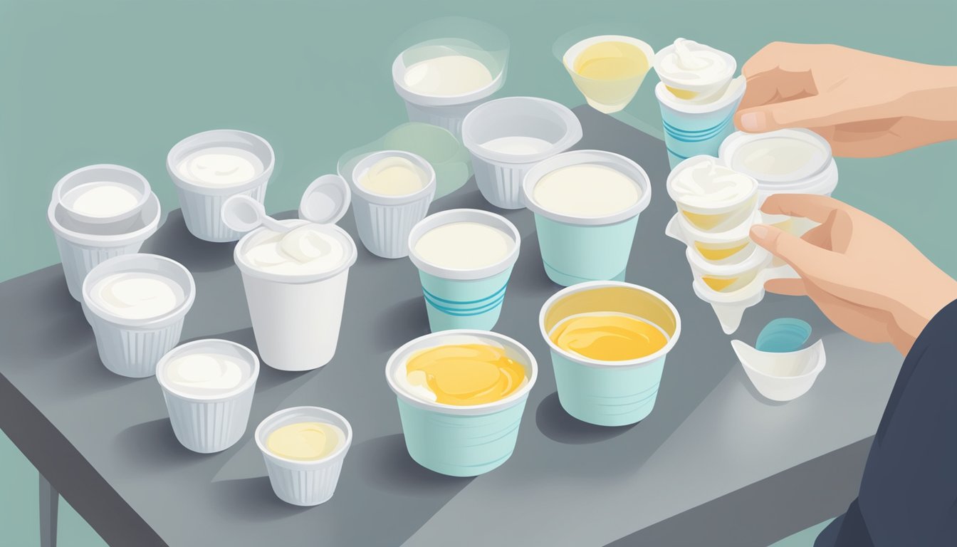 A table with various sizes of yogurt cups, some empty, some half-full, and a person holding a measuring cup