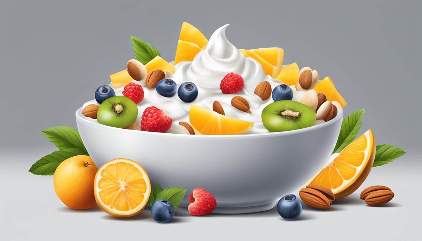 A bowl overflowing with yogurt cups, surrounded by various fruits and nuts