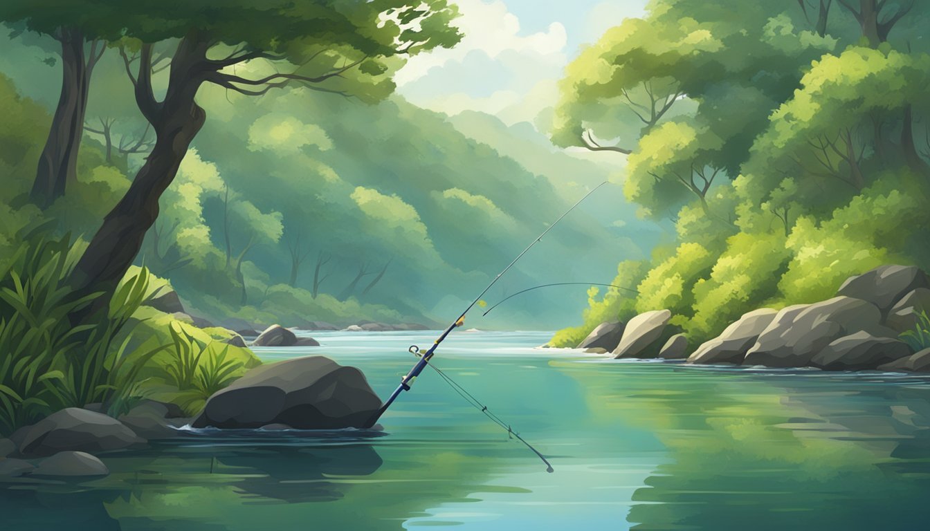 A serene river with lush greenery and rocky banks, a fishing rod casting into the water, a variety of fish swimming beneath the surface