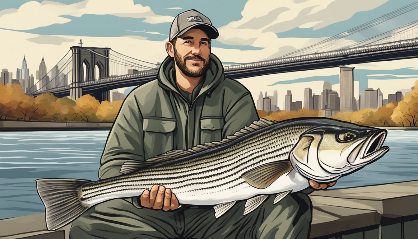 A fisherman holding a freshly caught striped bass by a scenic New York river