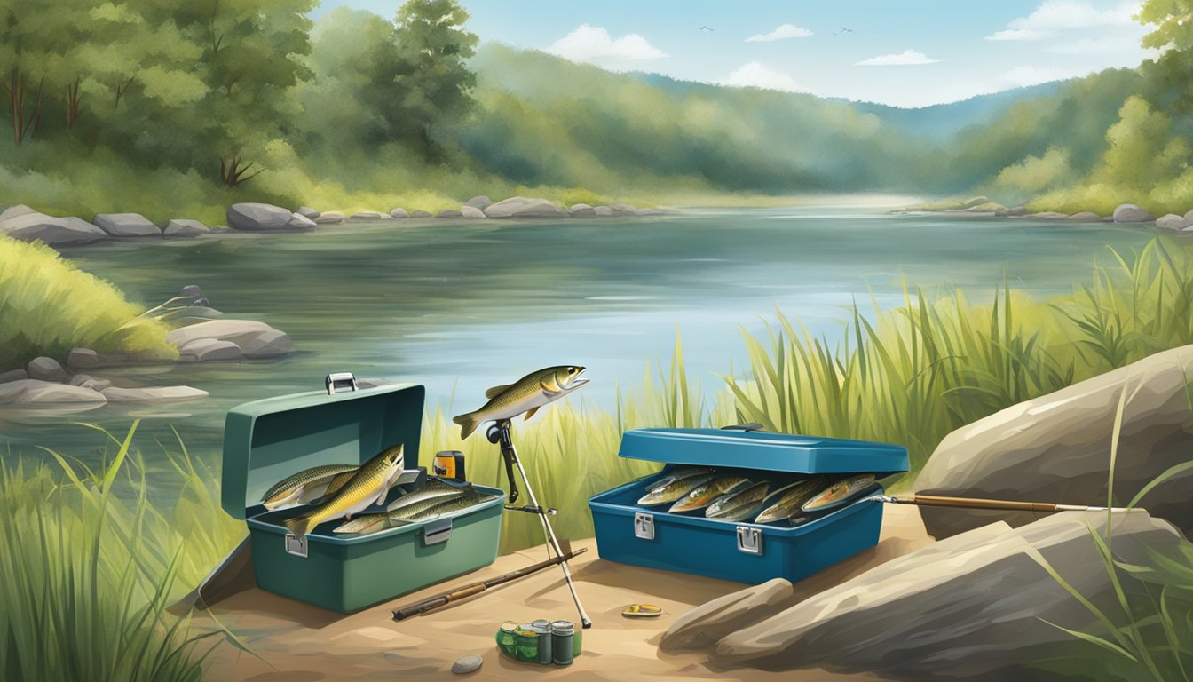 A serene riverbank with a fishing rod, tackle box, and various types of fish commonly found in West Virginia, such as trout and bass