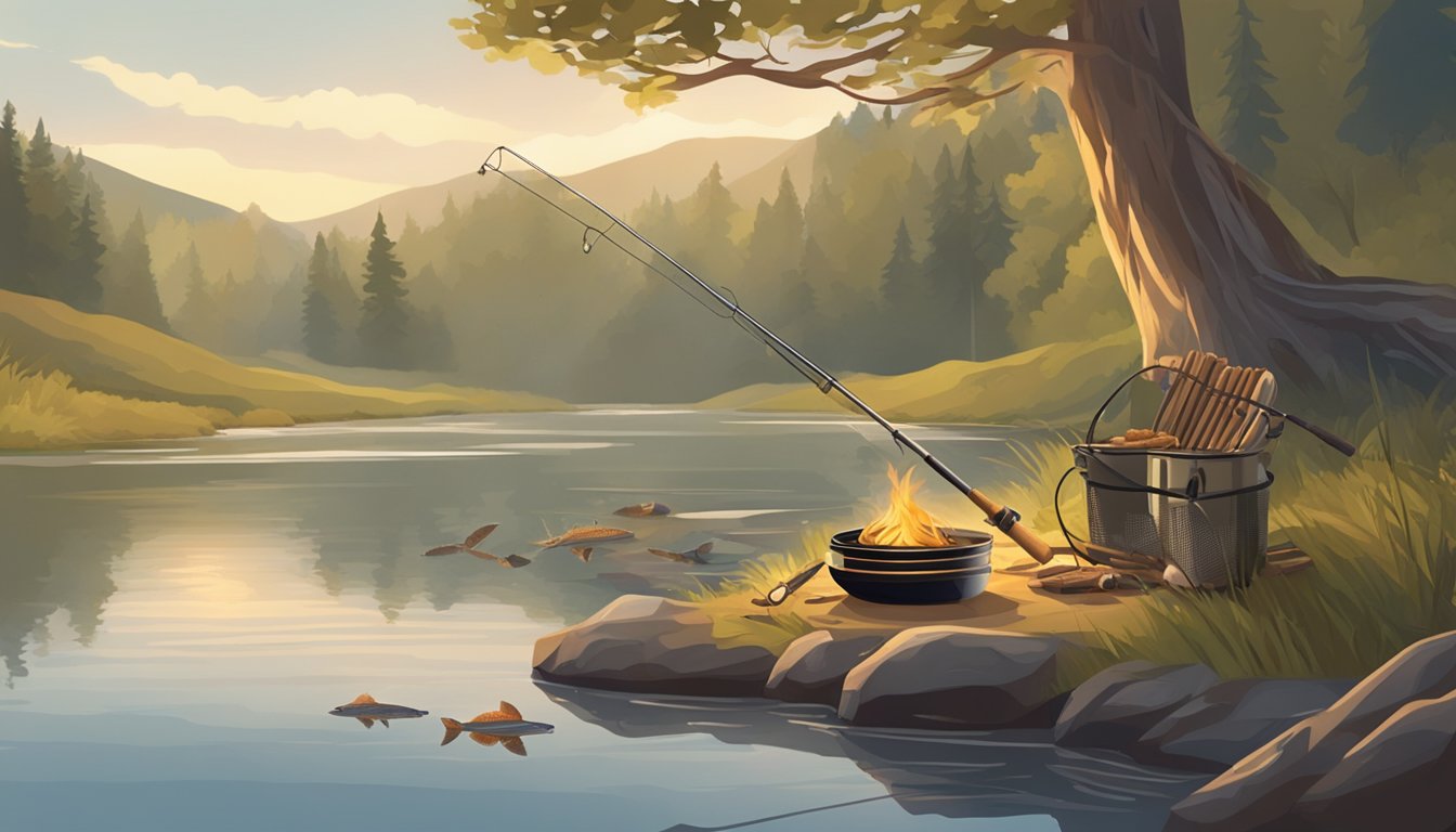 A serene riverbank with a fishing rod set up, and a freshly caught trout being cooked over a crackling campfire