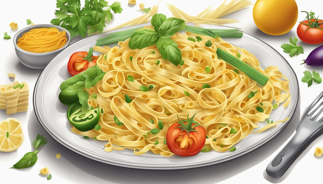 A plate of pasta overflowing with noodles, surrounded by various vegetables and a measuring cup