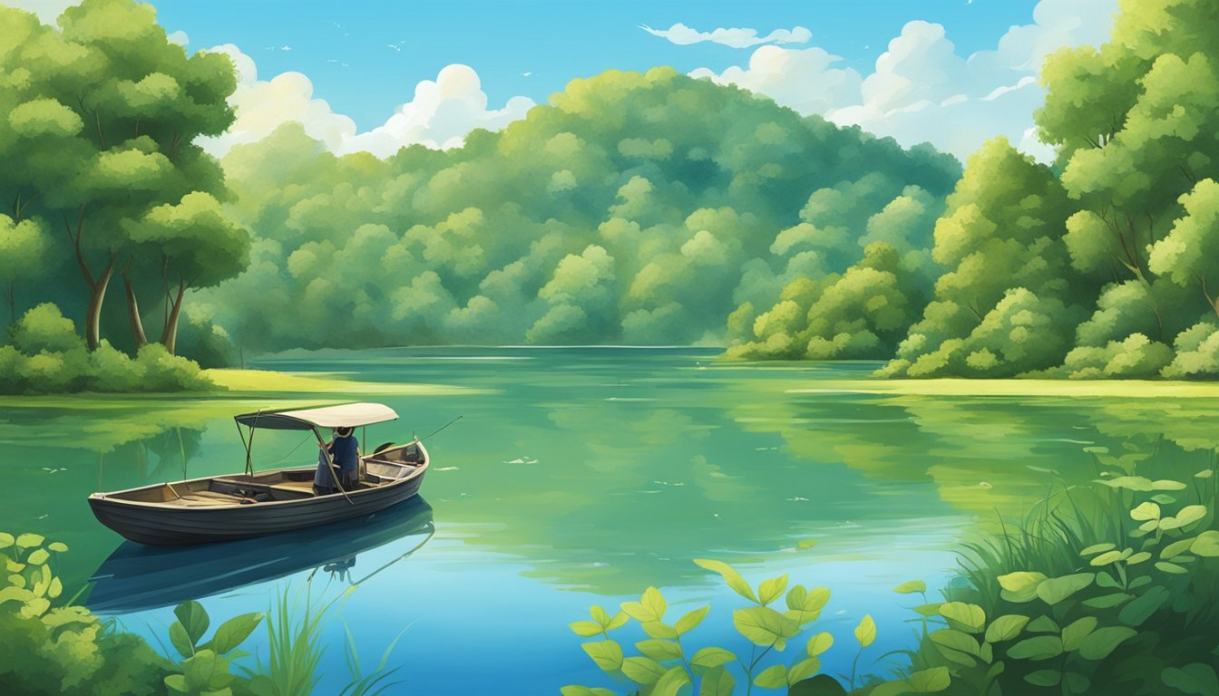 A serene lake with a lone fishing boat, surrounded by lush greenery and clear blue skies. A variety of fish species swim beneath the surface, including bass, catfish, and trout