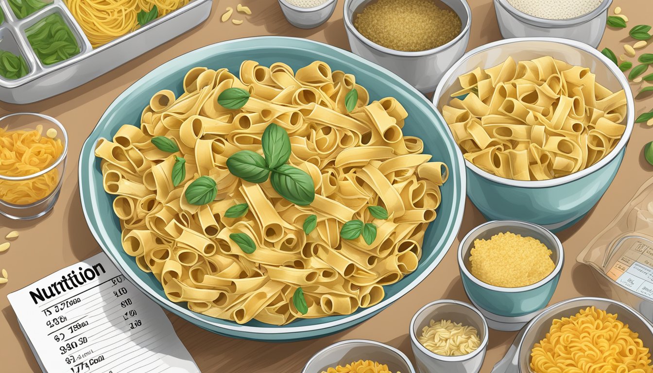 A bowl overflowing with pasta, surrounded by measuring cups and a nutrition label