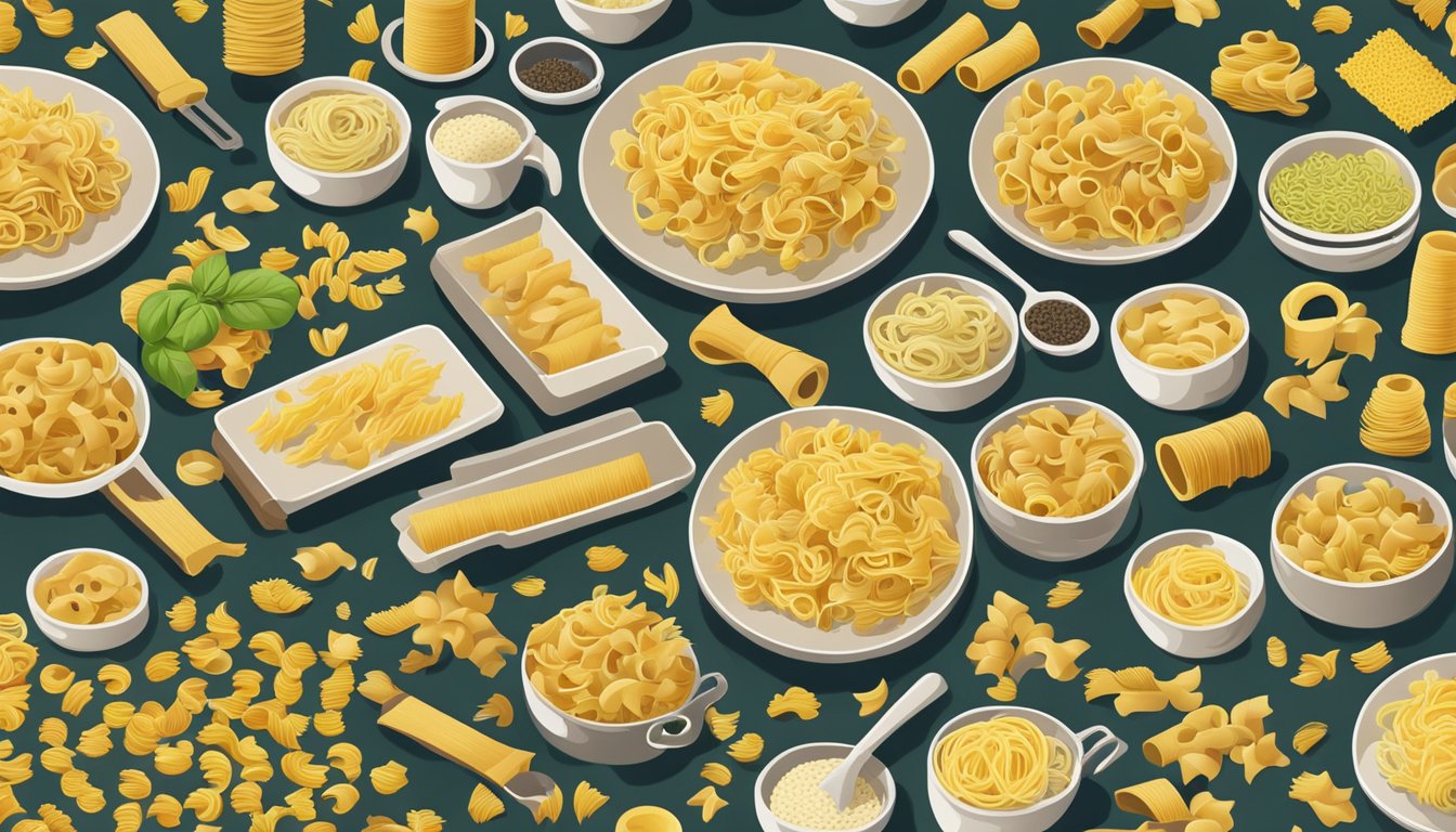 A table with various portions of pasta, from small to large, with a measuring cup next to them