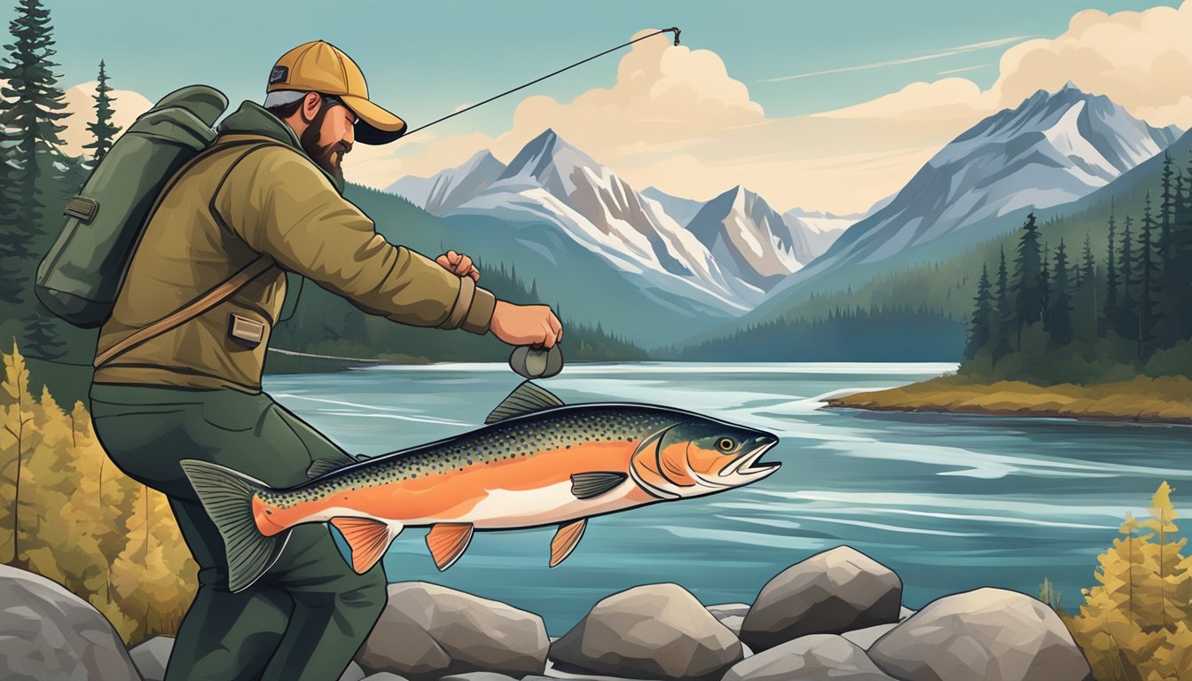 A fisherman holds up a large salmon, surrounded by a scenic Alaskan landscape of mountains, forests, and a flowing river