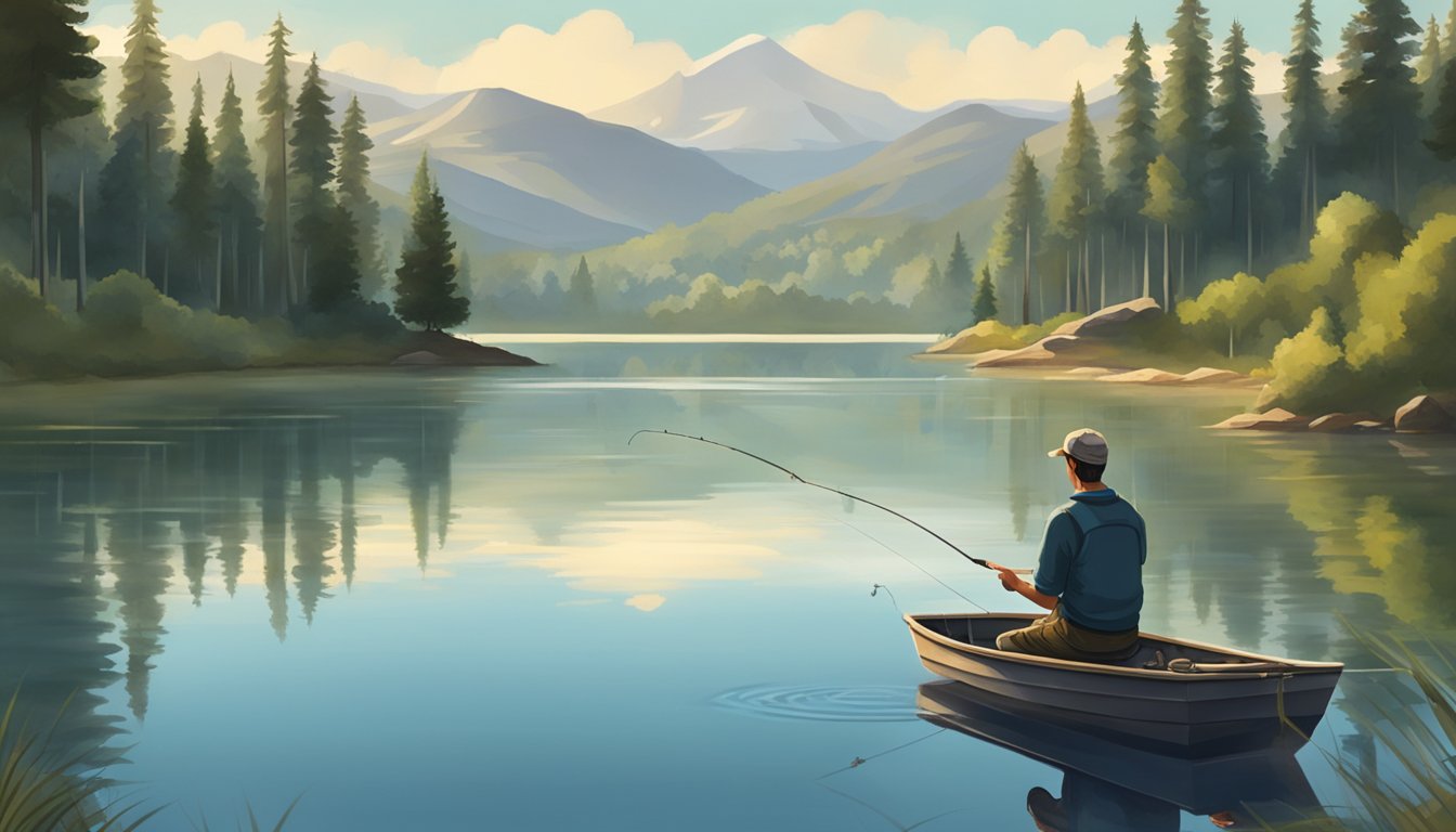 A serene lake with a person fishing from a small boat, using a rod and reel. The water is calm and clear, with trees and hills in the background