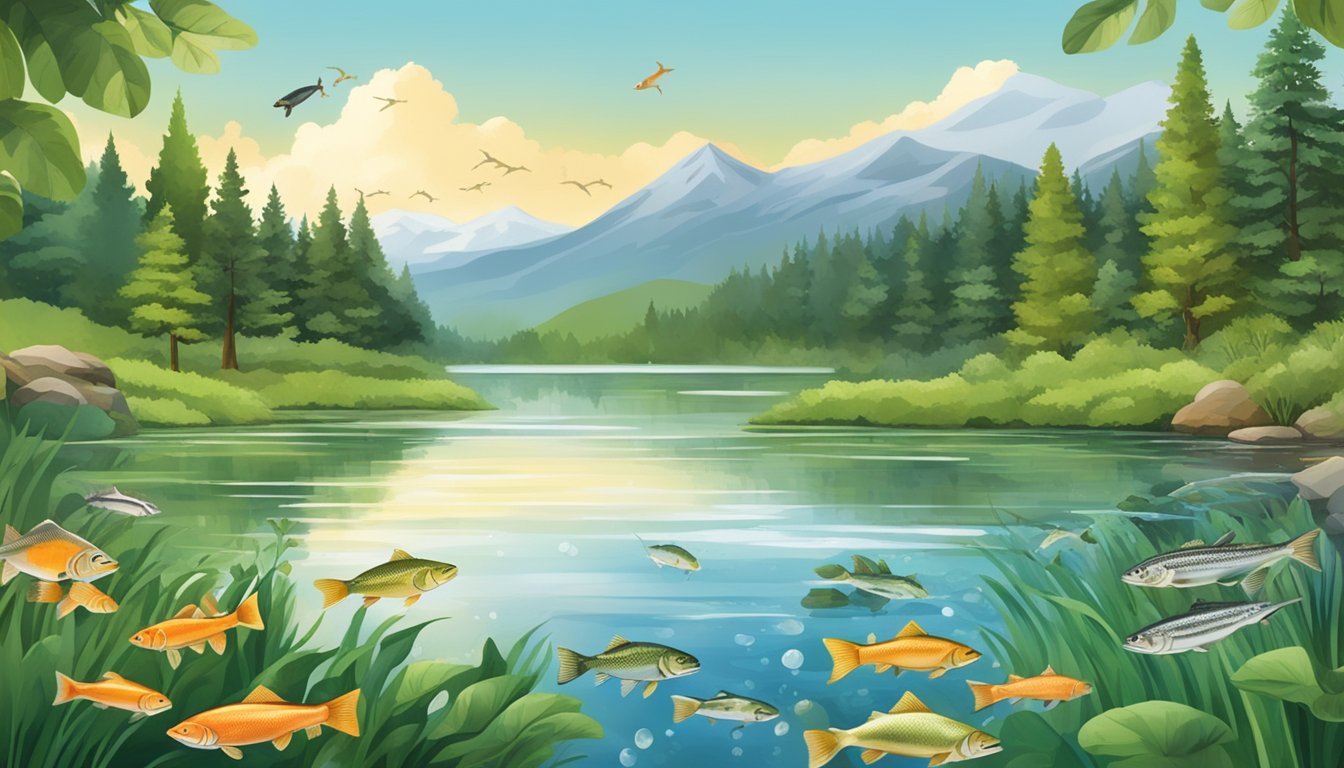 A serene lake surrounded by lush greenery, with a variety of fish jumping out of the water, including trout, salmon, and bass