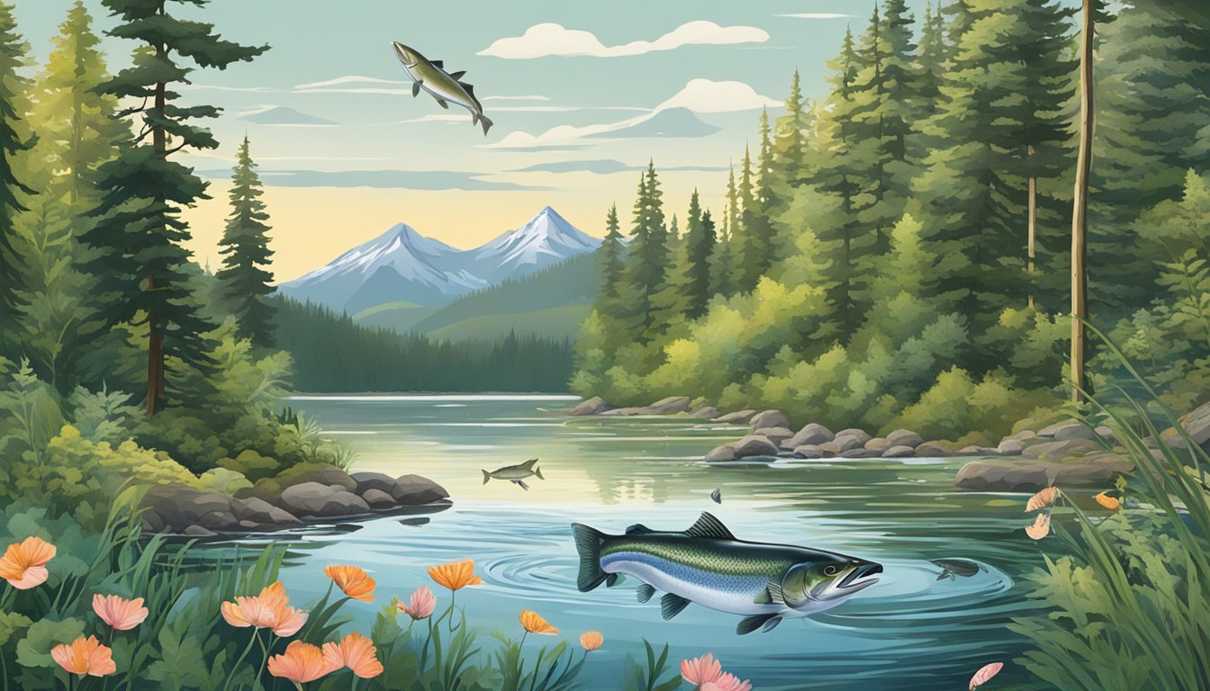 A serene lake surrounded by lush forests, with a variety of fish jumping out of the water, including salmon, trout, and steelhead