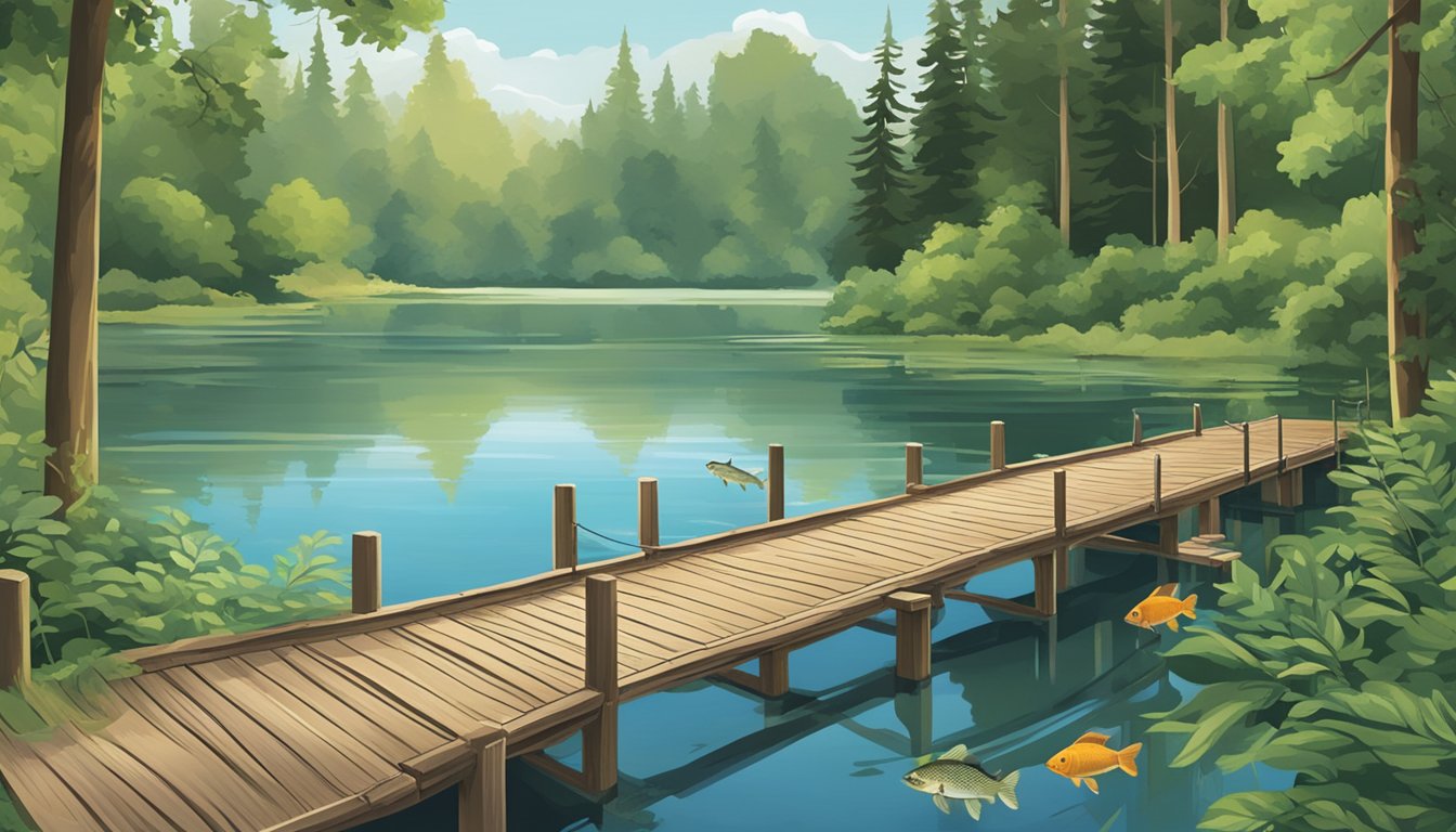 A serene lake surrounded by lush greenery, with a wooden fishing dock extending into the water. A variety of fish, including bass, trout, and catfish, can be seen swimming in the clear, calm waters