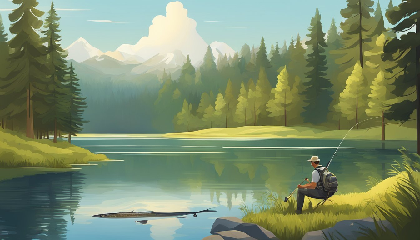 A serene lake surrounded by lush forests, with a fishing rod and a freshly caught trout lying on the shore