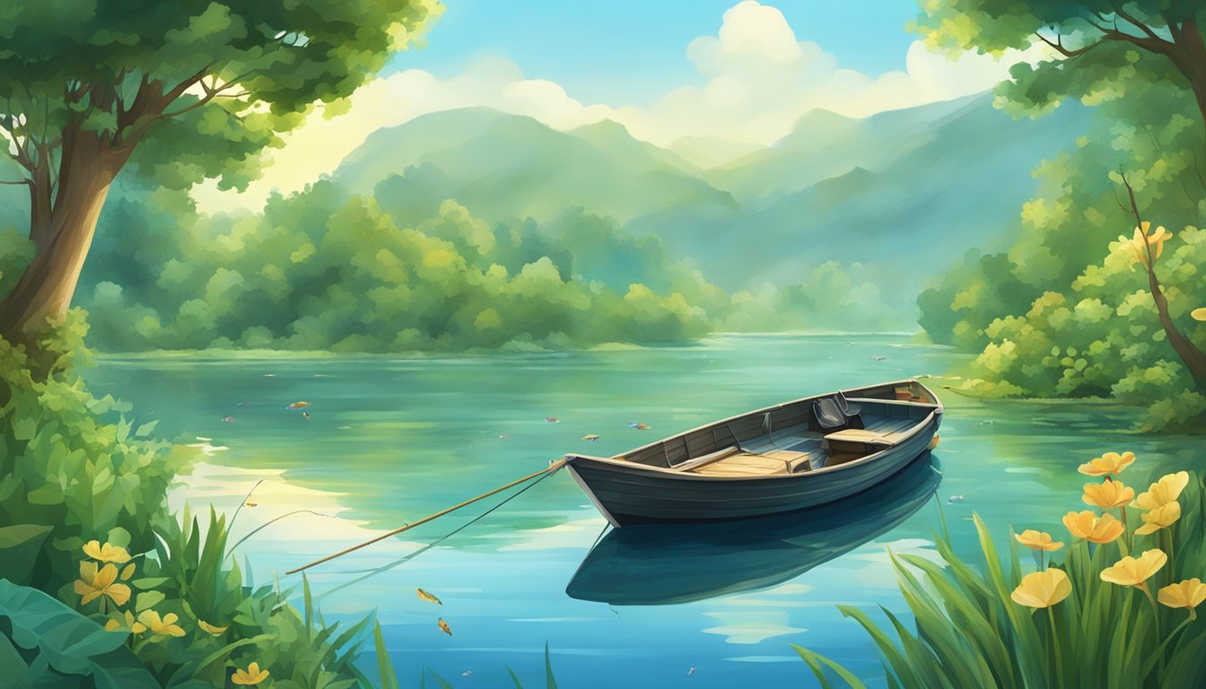 A serene lake surrounded by lush greenery, with a fishing boat and a variety of fish swimming in the clear water