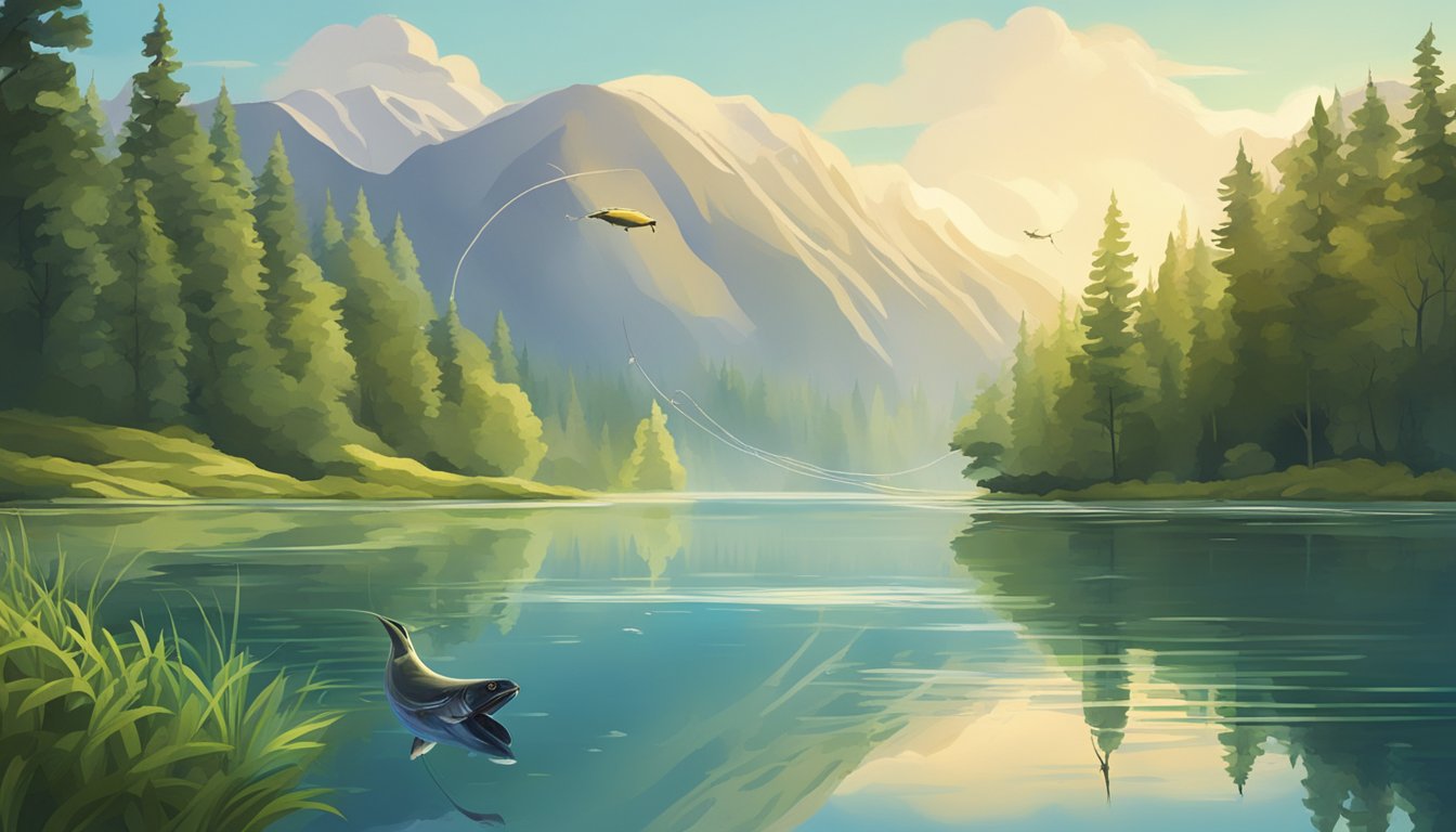 A serene lake surrounded by lush forests, with a fishing line cast into the water and a fish jumping out of the lake