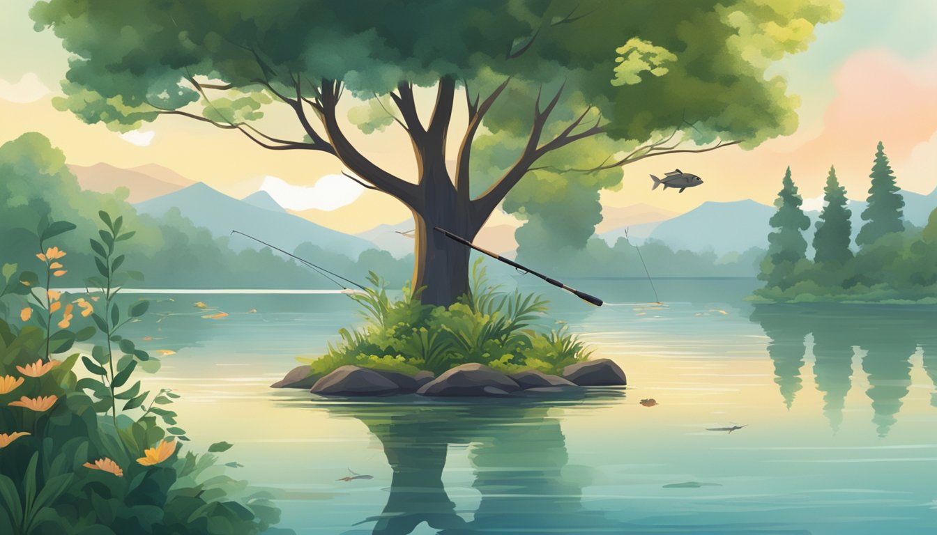 A serene lake surrounded by lush greenery, with a fishing rod leaning against a tree and a variety of fish jumping out of the water