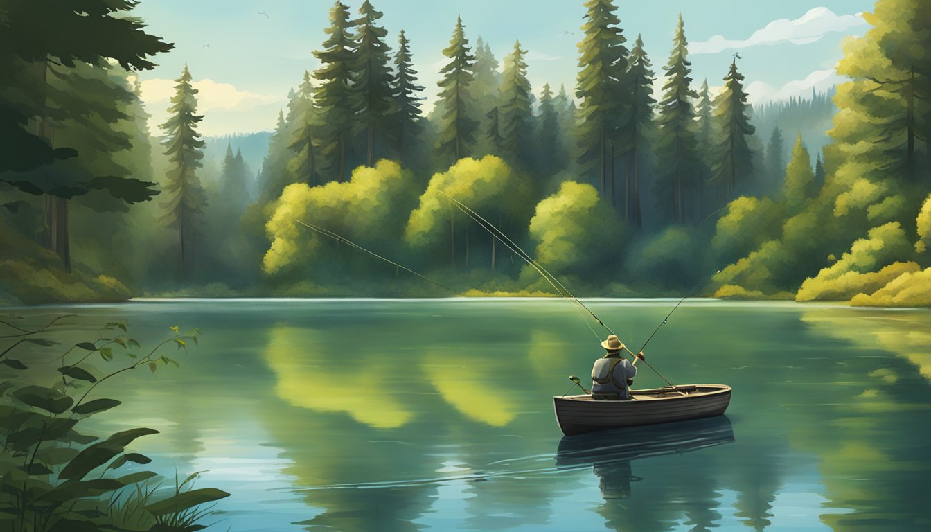 A serene lake surrounded by lush forests, with a fishing rod casting into the water, targeting specific fish species in Oregon