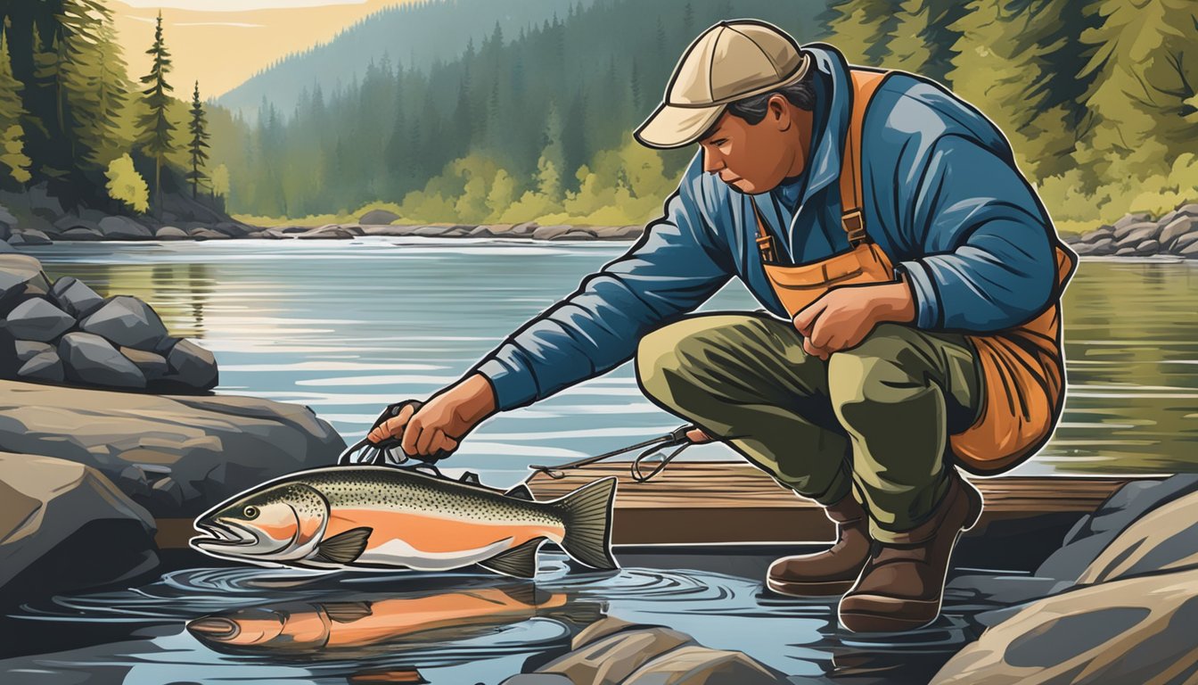 A fisherman cleans and fillets a fresh-caught salmon by a riverside in Oregon