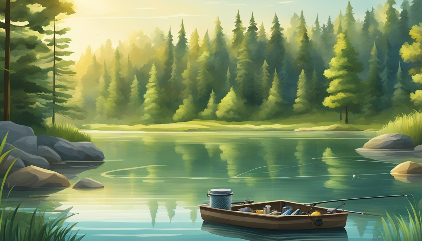 A serene lake surrounded by lush green trees, with a fishing rod and tackle box on the shore, and a variety of fish swimming in the clear water