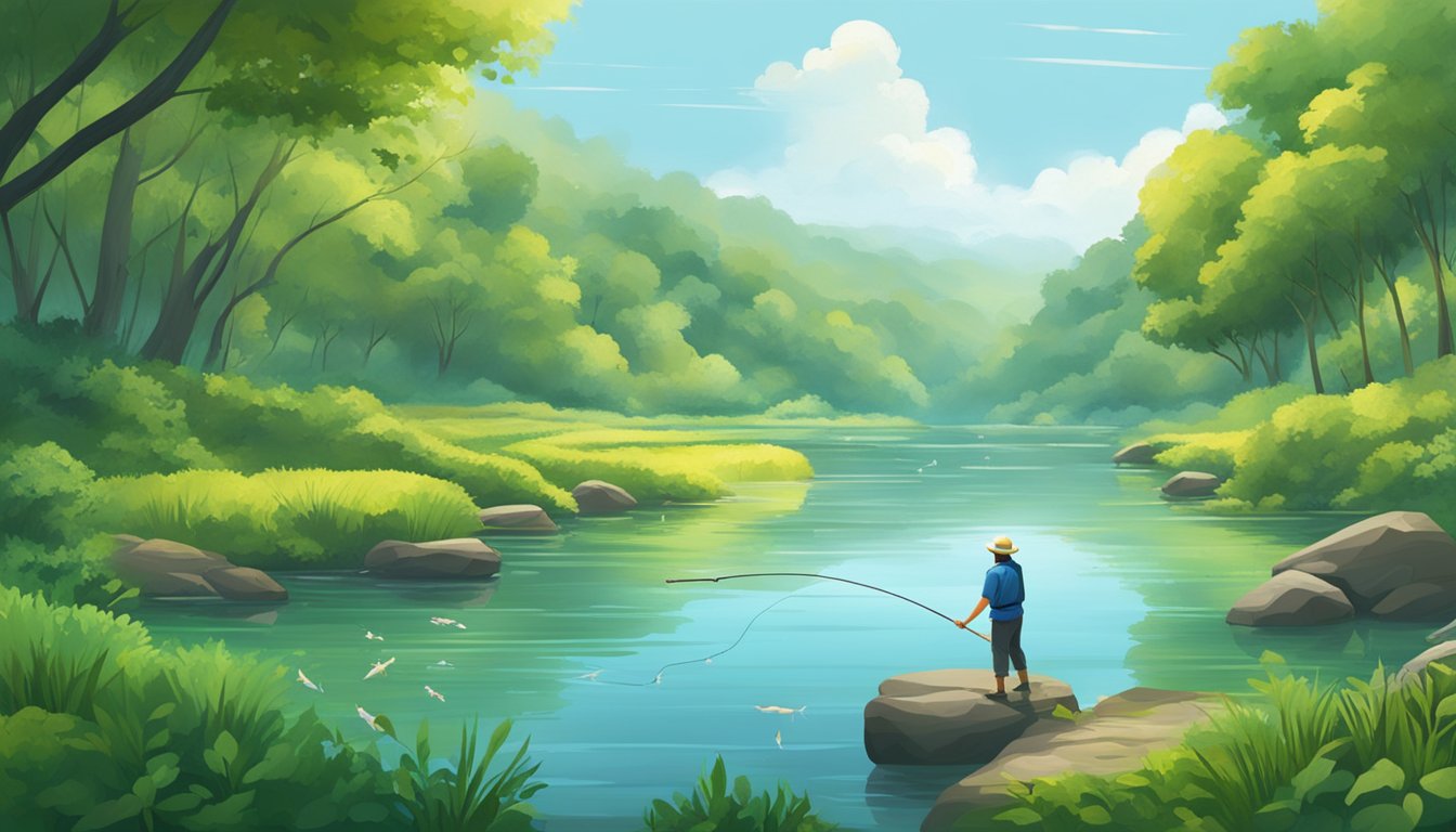 A serene riverbank with a fisherman casting a line into the water, surrounded by lush greenery and a variety of fish swimming in the clear, calm waters