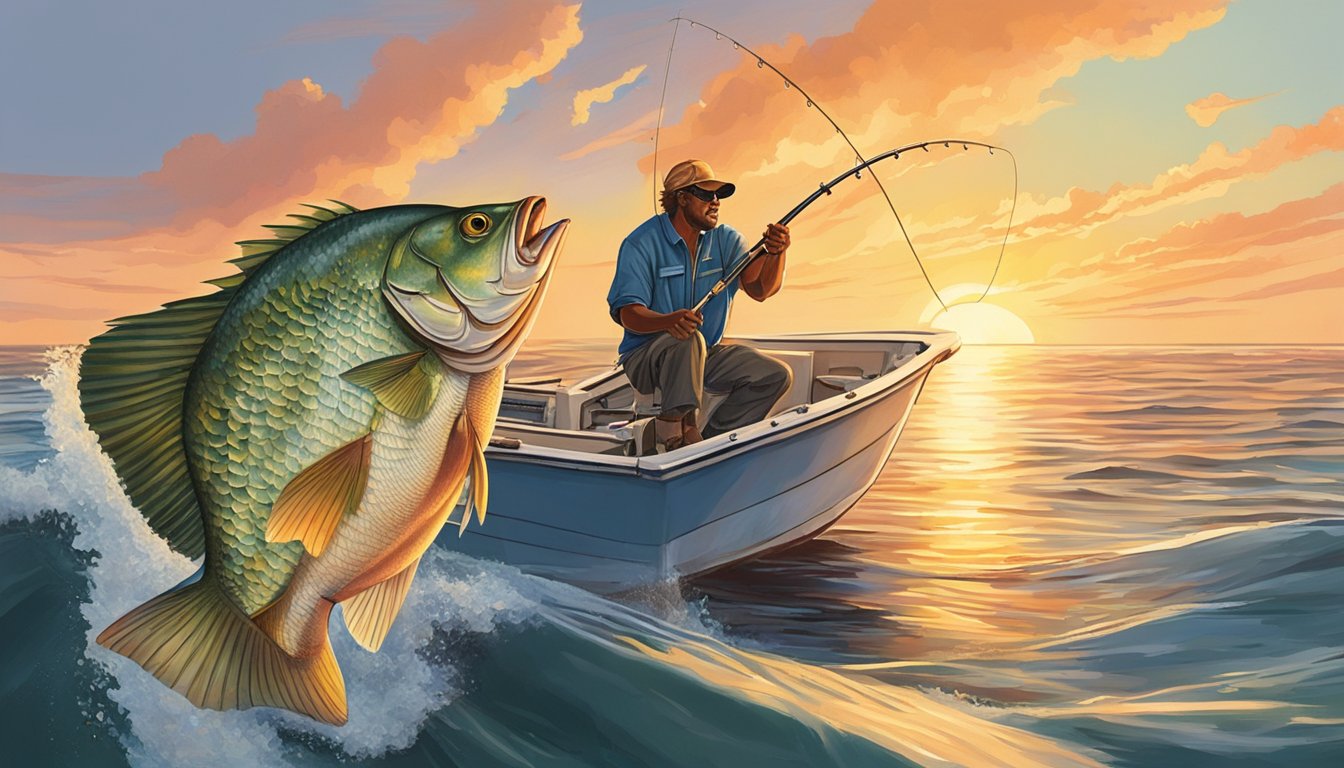 A fisherman reeling in a red snapper from a boat off the Alabama coast. The sun is setting, casting a warm glow over the water