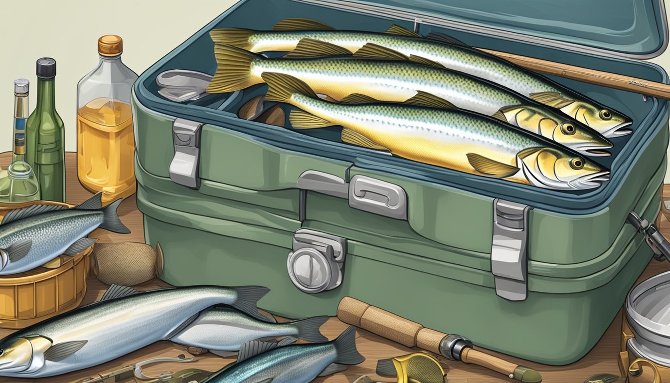 A fishing rod, tackle box, bait, and cooler with fish. The catch includes striped bass, bluefish, flounder, and trout