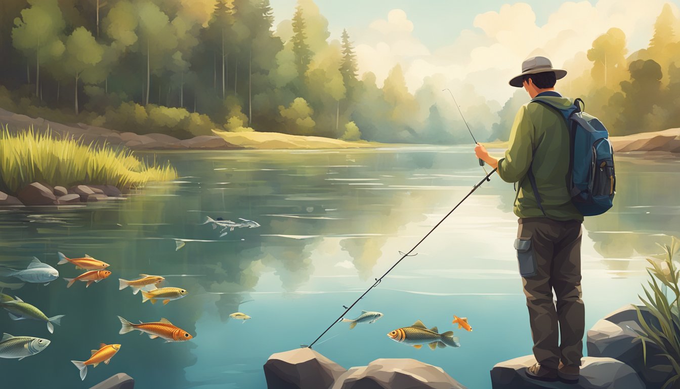 A person standing at the edge of a calm river, holding a fishing rod, with a variety of fish swimming in the clear water