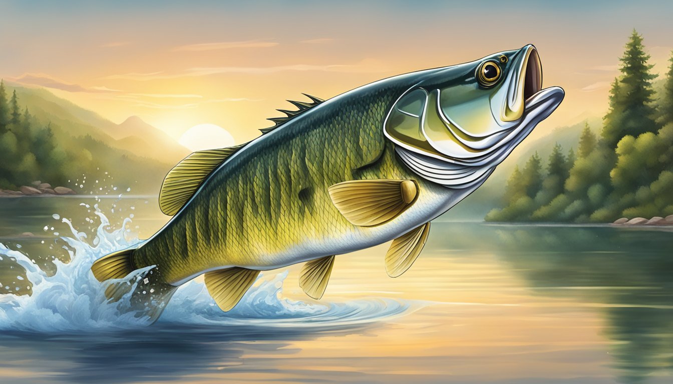 A serene lake with a fishing rod and a large bass jumping out of the water