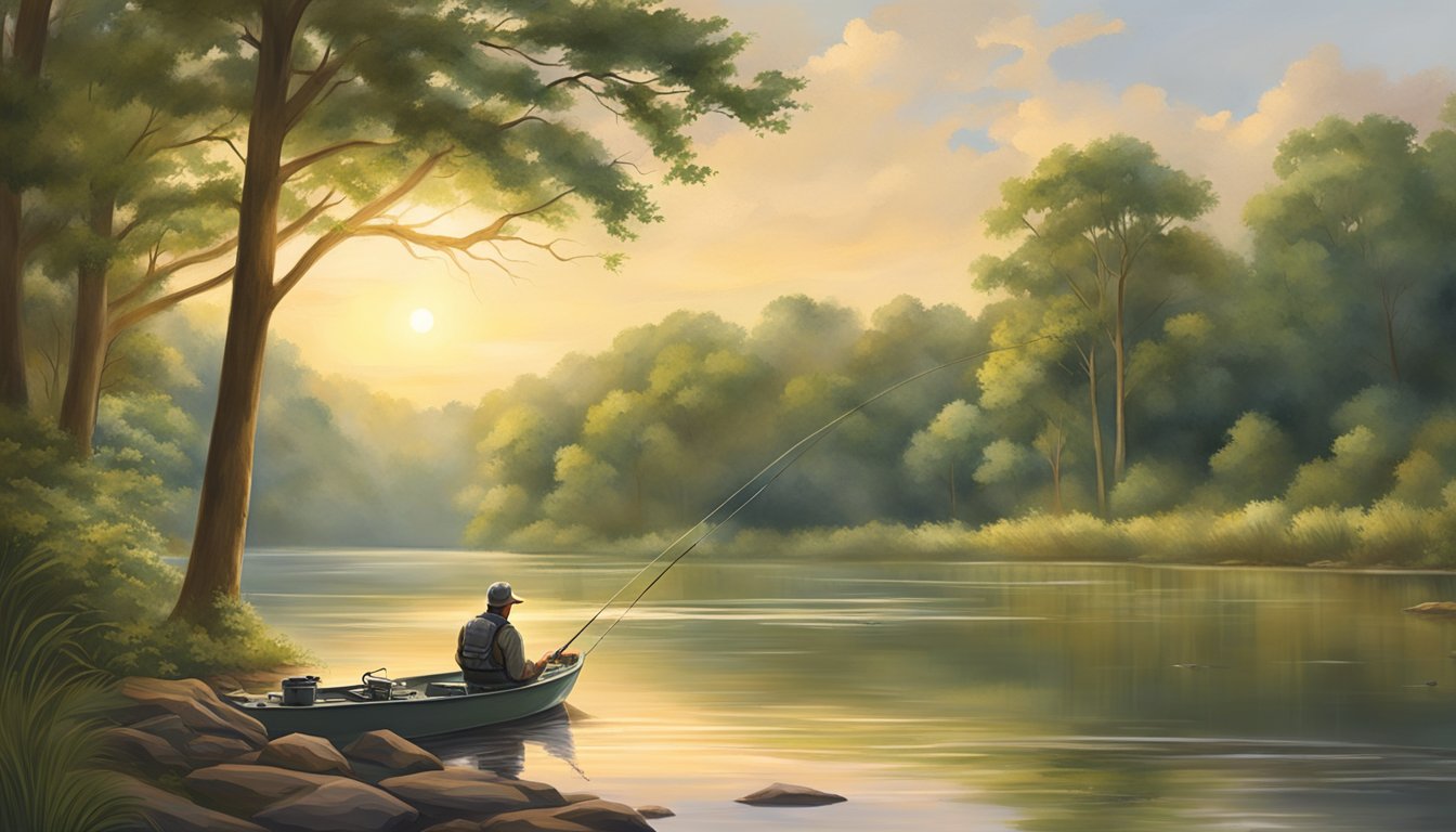 An angler casting a line into a calm Alabama river, surrounded by lush greenery and a warm, sunny sky