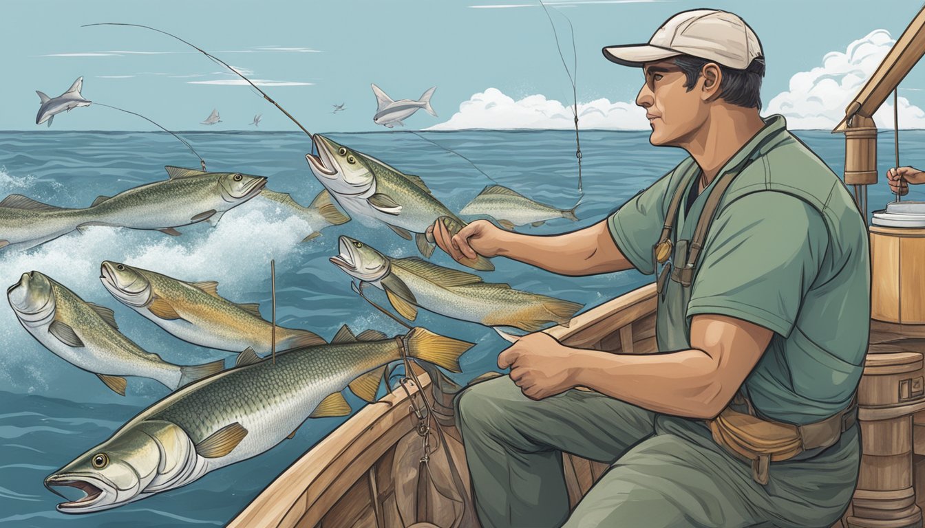 A fisherman on a boat, catching a variety of sustainable seafood off the coast of Alabama, with a focus on conservation