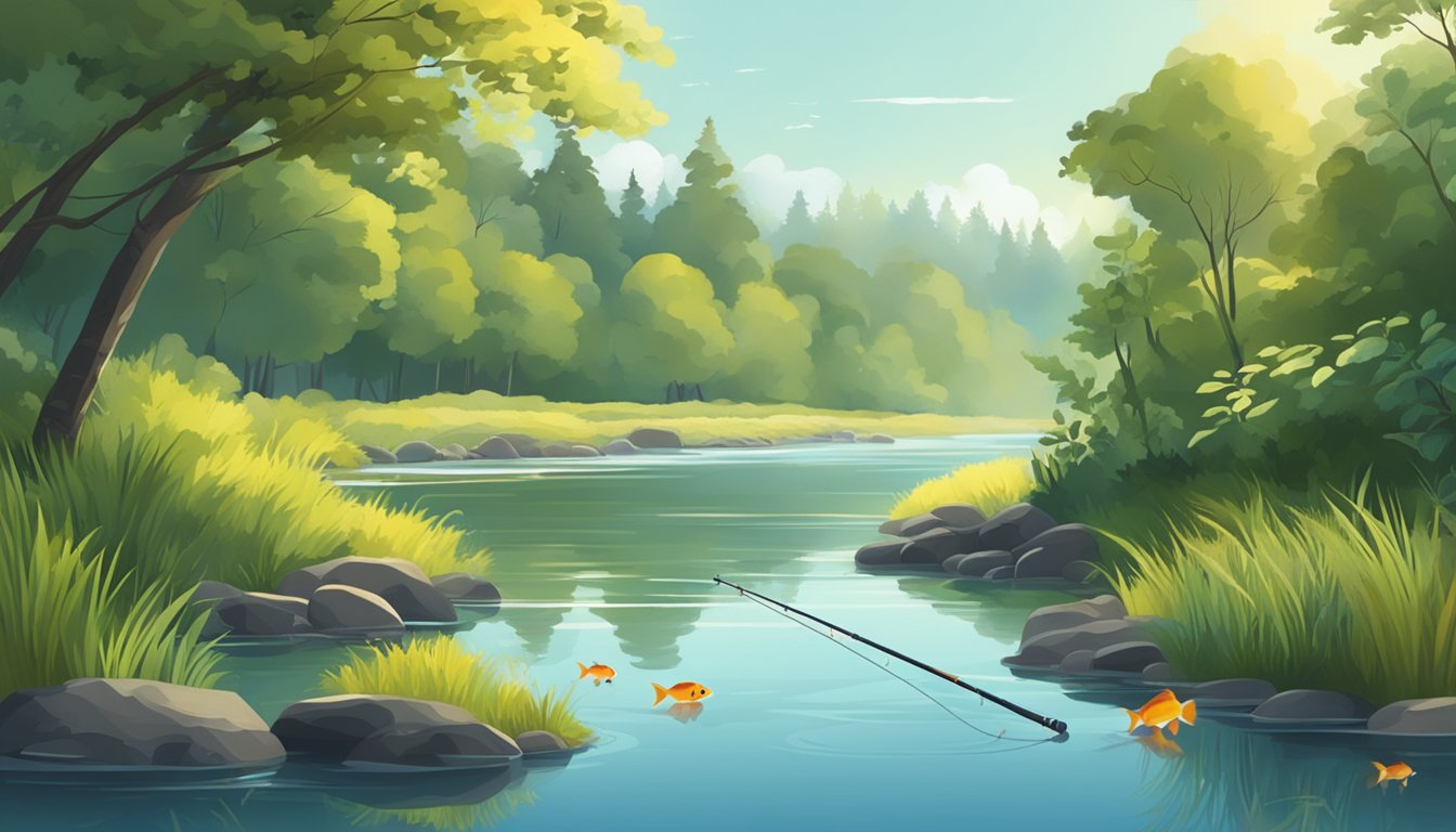 A serene riverbank with a fishing rod and a variety of fish swimming in the clear water