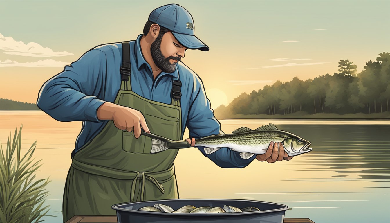 A fisherman cleans and fillets a freshly caught bass by a serene lake in Alabama