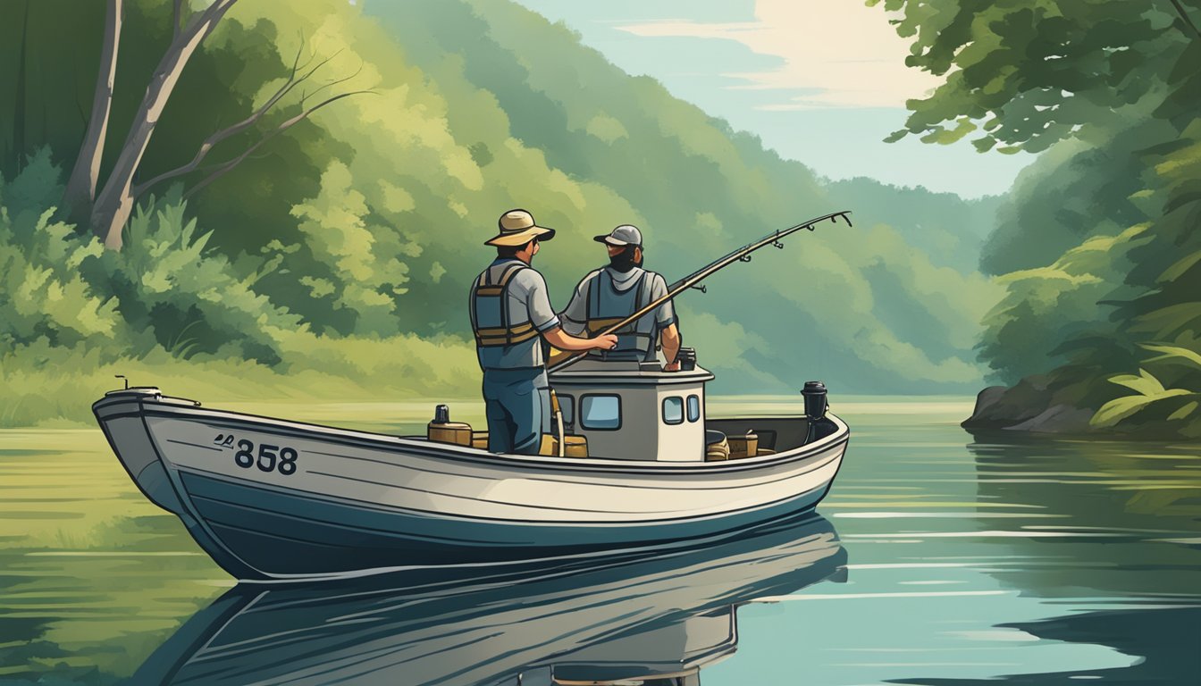 A fishing boat on a calm river, surrounded by lush greenery. A fisherman holds up a freshly caught striped bass, with a sign nearby listing local regulations and best practices for conservation