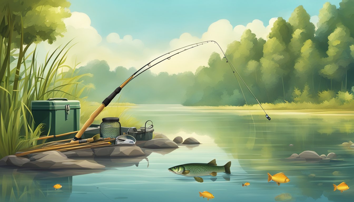 A calm riverbank with a fishing rod, tackle box, and various fish swimming in the water