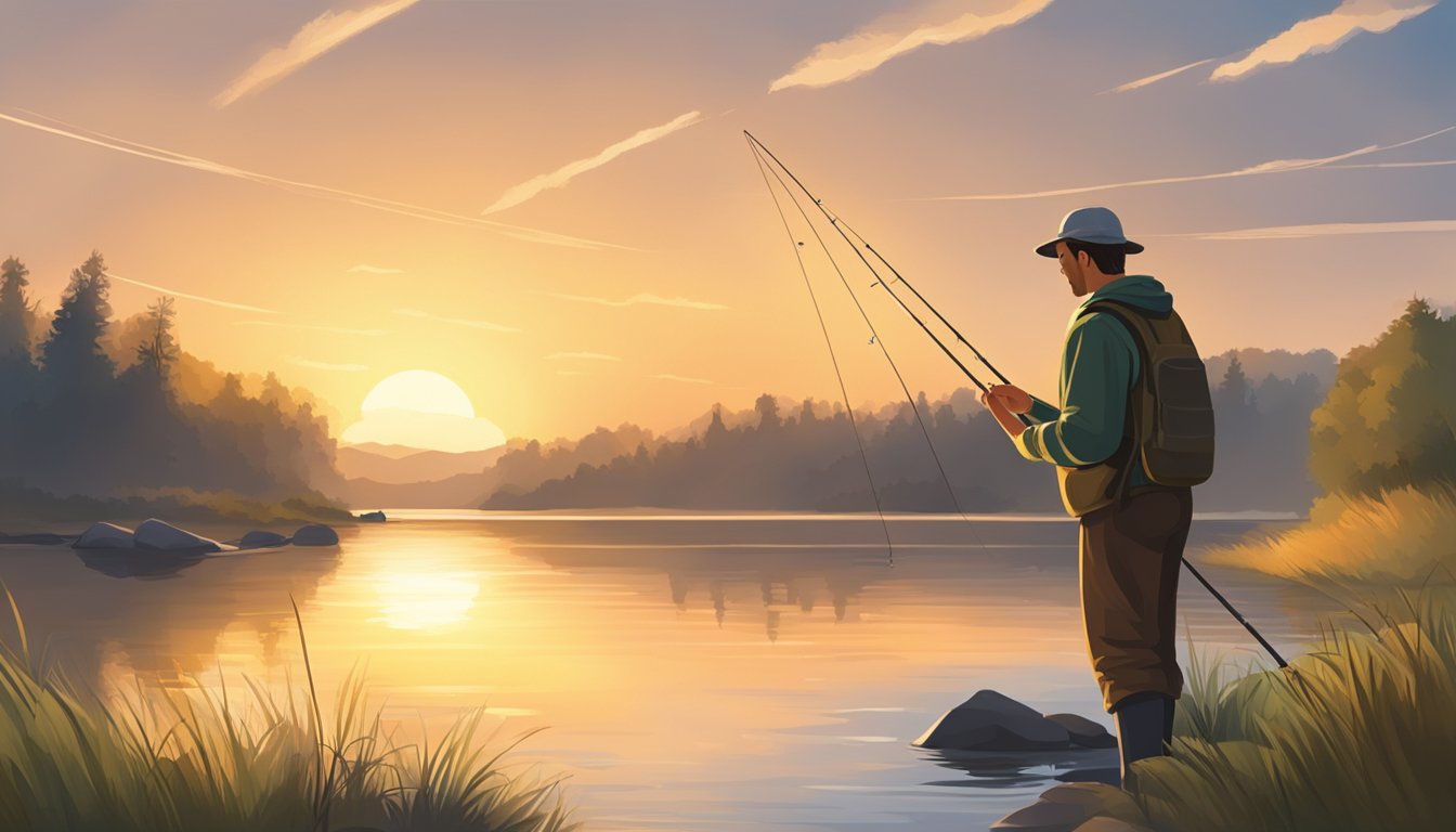 A fisherman stands on a peaceful riverbank, casting a line into the water. The sun is setting, casting a warm glow over the scene