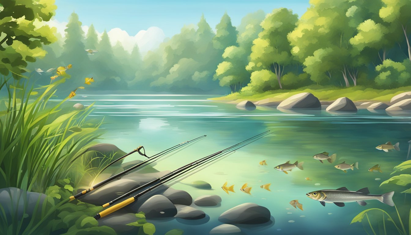 A serene riverbank with a fishing rod and a variety of fish swimming in the clear water