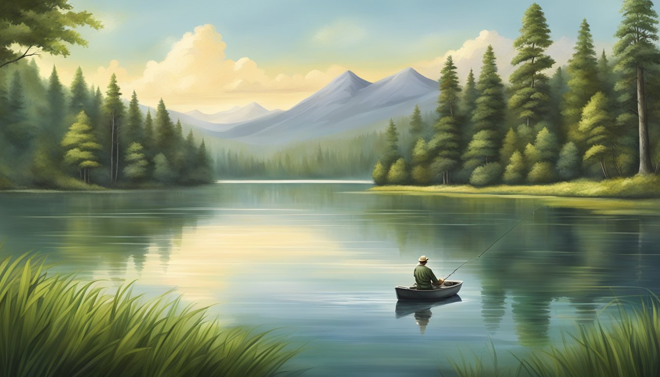 A serene lake surrounded by lush forests, with a fisherman casting a line into the water, hoping to catch a delicious largemouth bass or crappie