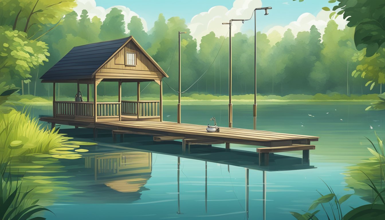 A serene lake with a wooden fishing pier, surrounded by lush green trees. A fishing rod with a bobber and bait is cast into the water