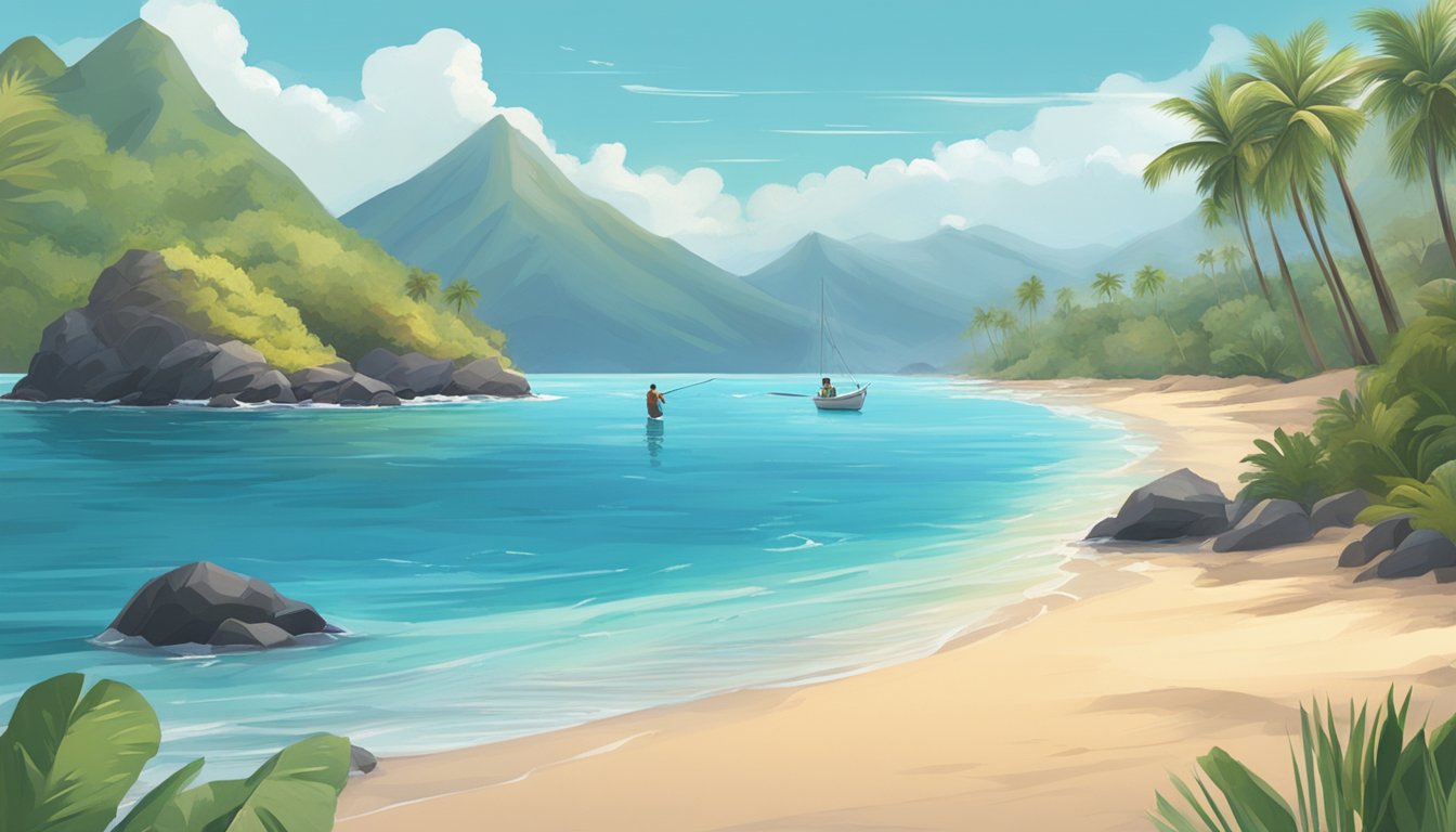 A serene coastline with clear blue waters, palm trees, and a rocky shoreline. A fisherman casts a line into the water, aiming to catch a variety of delicious Hawaiian fish